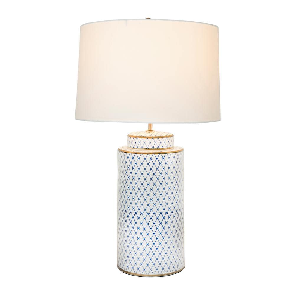 Indigo and White Ceramic Table Lamp with Linen Shade