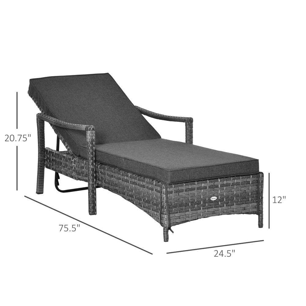 Dark Gray Wicker Chaise Lounge with Cushions and Adjustable Backrest