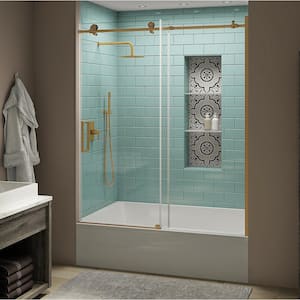 Coraline XL 56 - 60 in. x 70 in. Frameless Sliding Tub Door with StarCast Clear Glass in Brushed Gold, Left Opening