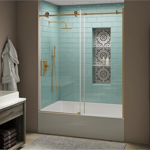 Aston Coraline XL 56 - 60 in. x 70 in. Frameless Sliding Tub Door with StarCast Clear Glass in Brushed Gold, Left Opening