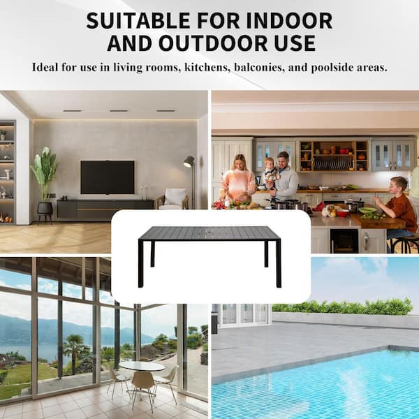 78 in. W Rectangular Metal Outdoor Dining Table with Umbrella Hole