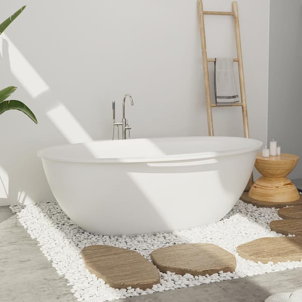 GIVING TREE 63 in. x 33 in. Solid Surface Freestanding Soaking Bathtub with Towel Hanger in White