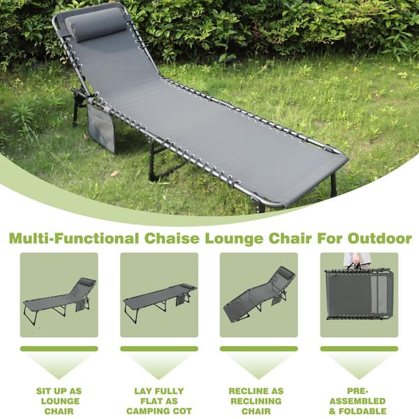 Folding Chaise Lounge Chair with Pillow and Side Pocket, Fully Reclining Outdoor Chair, Dark Gray