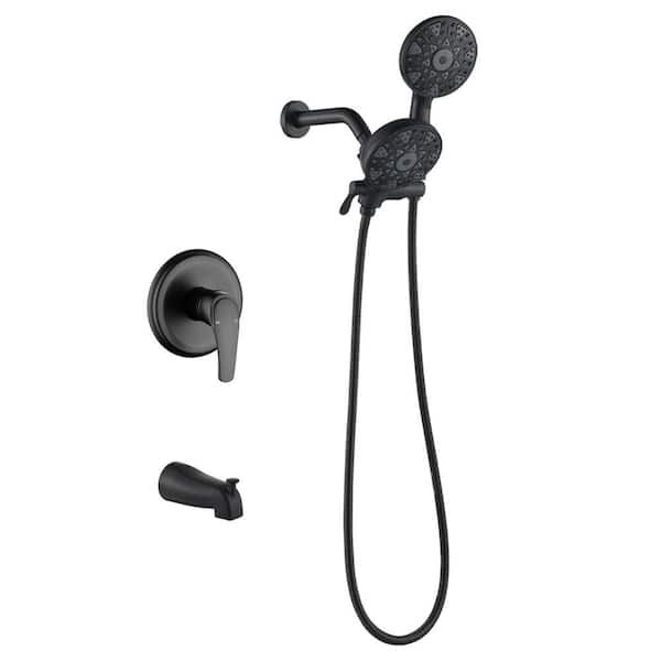 FLG Single Handle 6-Spray Tub and Shower Faucet 1.8 GPM Wall Mount Dual Head Shower System in. Matte Black Valve Included