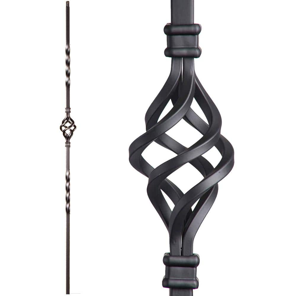 House of Forgings Twist and Basket 44 in. x 0.5 in. Satin Black Single Basket Solid Wrought Iron Baluster