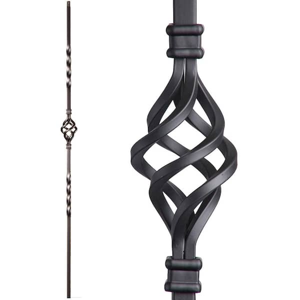 HOUSE OF FORGINGS Twist and Basket 44 in. x 0.5 in. Satin Black Single Basket Solid Wrought Iron Baluster