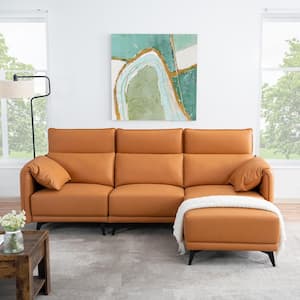 93.31 in. Faux Leather 3-Seater Sofa Couch with Headrests and Ottoman Small Sectional Living Room Sofa Set in Caramel