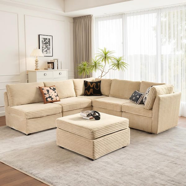 Cuke 95 in. Wide 6-Piece Modern Deep Seat Plush Corduroy L-Shape Modular Sectional Sofa Couch in Beige with Ottoman