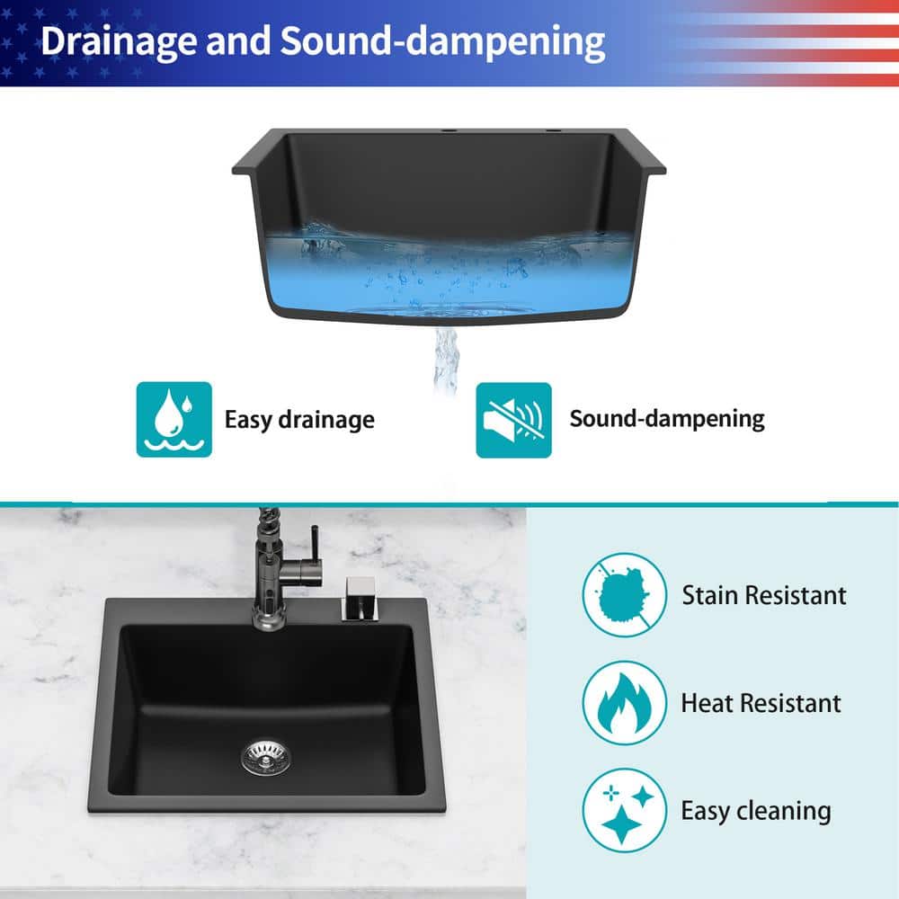 Matte Black 25'' Granite Composite Single Bowl Kitchen Sink
