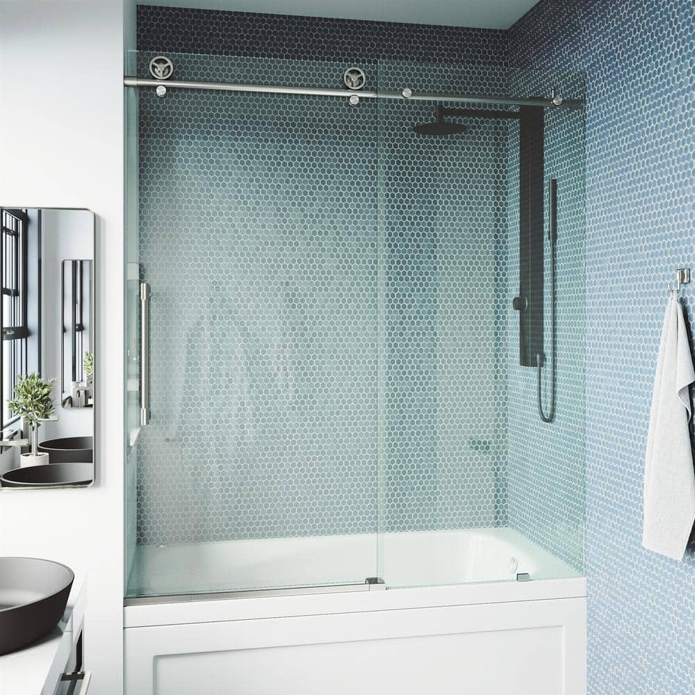 Elan Frameless Sliding Tub Door with Clear Glass and Stainless Steel