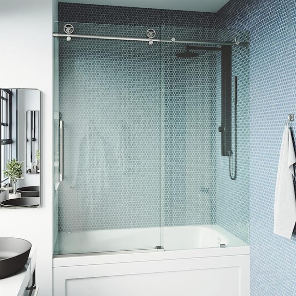 VIGO Elan Cass Aerodynamic 56 to 60 in. W x 66 in. H Sliding Frameless Tub Door in Stainless Steel with 3/8 in. Clear Glass