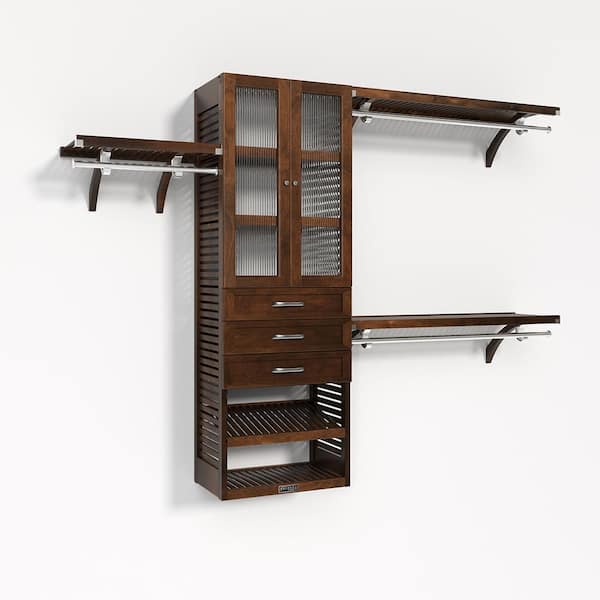 72 in. W - 120 in. W Chestnut Walk in with 3 Shaker Style Drawers and Glass Door 16 in. Shelf Wood Closet System