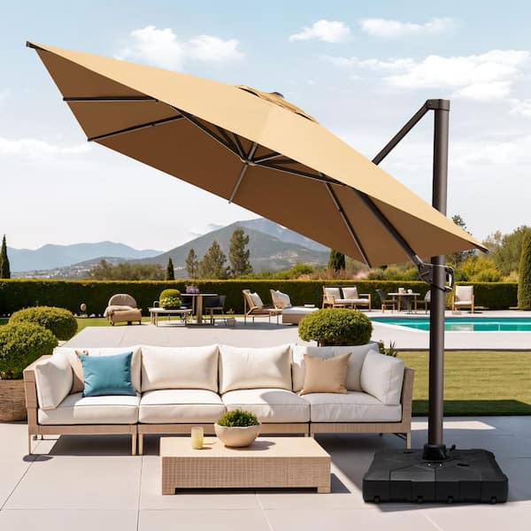 Heavy-Duty 13.5 ft. x 10 ft. Aluminum Offset Cantilever Tilt 360° Swivel Patio Umbrella in Tan with 260 lbs. Base
