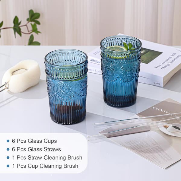 Wudkey 13 oz. Blue Vintage Drinking Glasses Set of 6, Embossed
