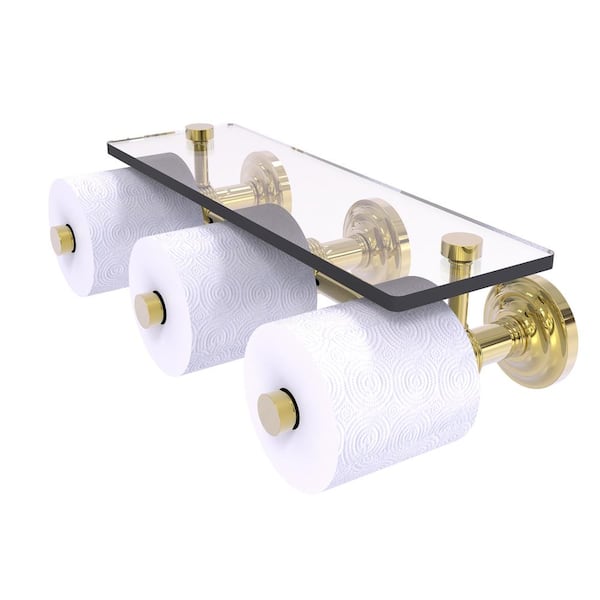 Allied Brass Que New Collection Horizontal Reserve 3 Roll Toilet Paper Holder with Glass Shelf in Unlacquered Brass
