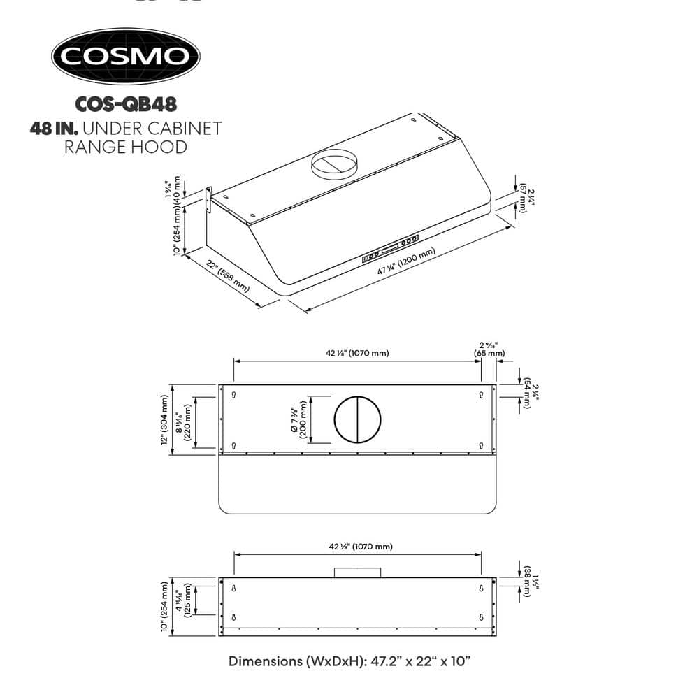 Cosmo 48" Stainless Steel Convertible Under Cabinet Range Hood