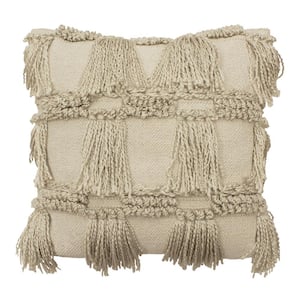 Brooklyn Contemporary Beige 20 in. x 20 in. Tassled Decorative Throw Pillow