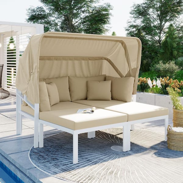 Unbranded Set of 3 PE Wicker Outdoor Patio Day Bed with Retractable Canopy, Suitable for Backyard, Porch, Poolside, Beige Cushions