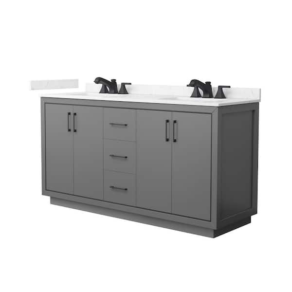 Icon 66 in. Double Freestanding Dark Gray Bath Vanity with Carrara Cultured Marble Top Assembled