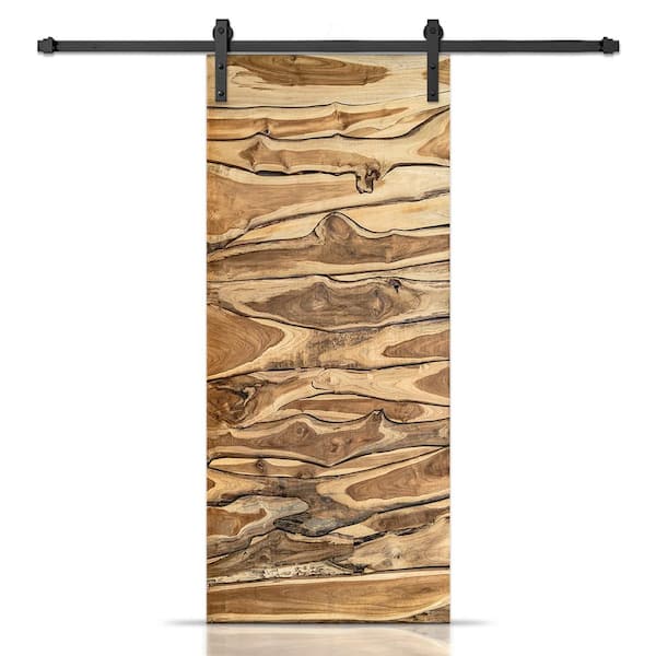 CALHOME 30 in. x 96 in. Beige Painted Composite MDF Paneled Interior Sliding Barn Door with Hardware Kit