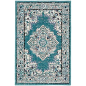 Passion Turquoise Grey doormat 2 ft. x 3 ft. Bordered Transitional Area Rug