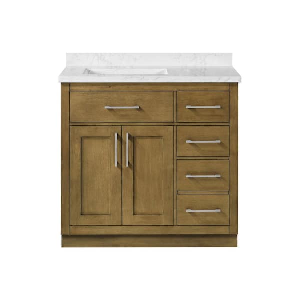 Athea 36 in. Freestanding Almond Latte Bath Vanity w/ White Engineered Marble Top, Power Bar and Brushed Nickel Hardware