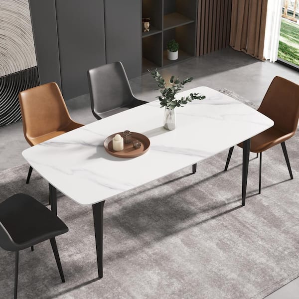 70.87 in. Rectangle White Sintered Stone Tabletop Dining Table with Black Carbon Steel Base (Seats-8)