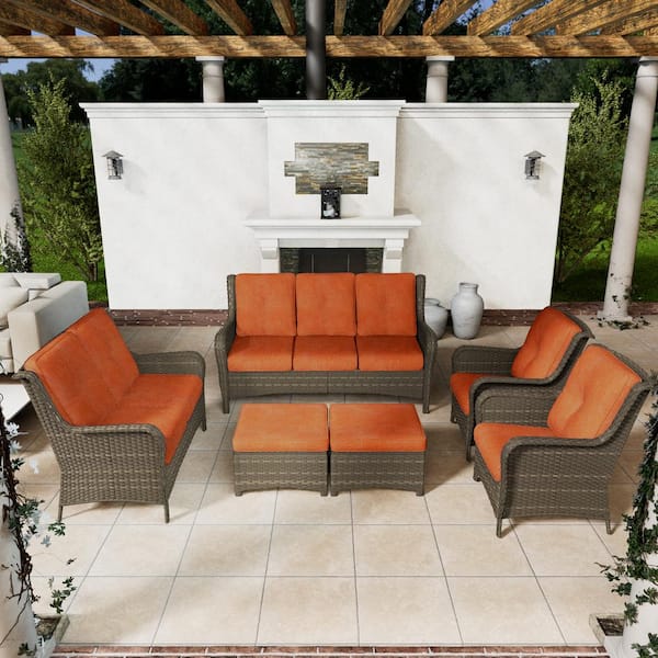MeetLeisure 6-Piece Steel Outdoor Patio Conversation Seating Set Backyard Garden with Orange Cushions