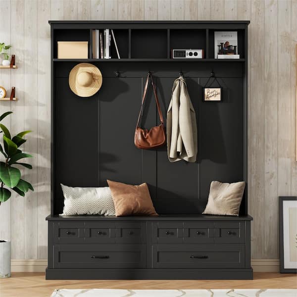 Elegant Wide Hall Tree with 5-Hooks, Entryway Lift Top Storage Bench with 2-Drawers, Black Handles, Black