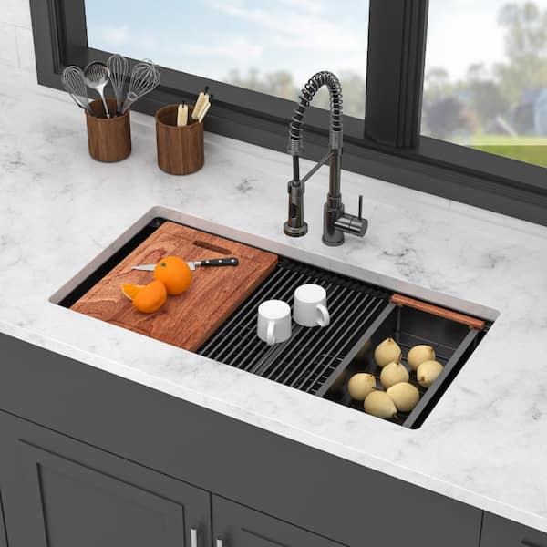 36in Undermount 50/50 Double Bowl Gunmetal Black Kitchen Sink 36×19×10in 16 Gauge Two 10in Deep Basins