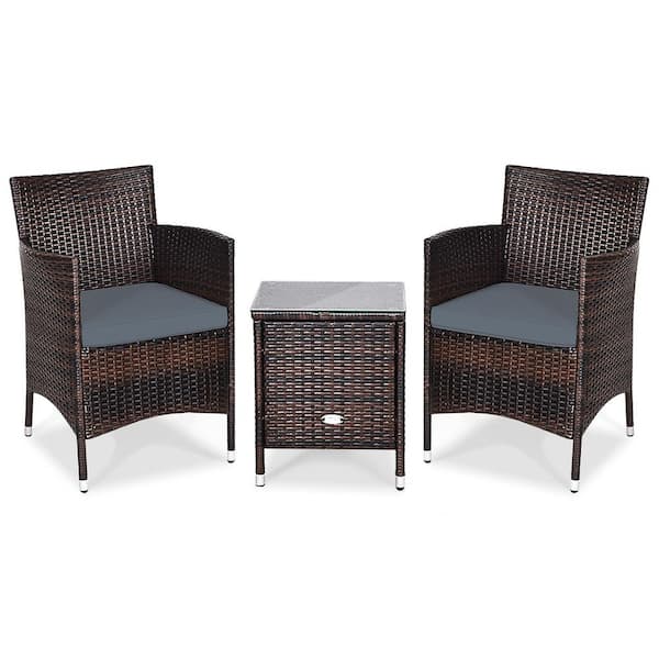 Gymax 3-Pieces Rattan Patio Outdoor Furniture Set with Grey Cushioned Chairs Coffee Table