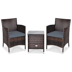 3-Pieces Rattan Patio Outdoor Furniture Set with Grey Cushioned Chairs Coffee Table