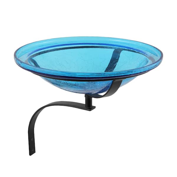 ACHLA DESIGNS 12.5 in. Dia Teal Blue Reflective Crackle Glass Birdbath Bowl with Wall Mount Bracket