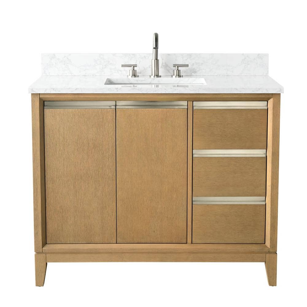 Natural Oak Single Sink Bathroom Vanity with Marble Top