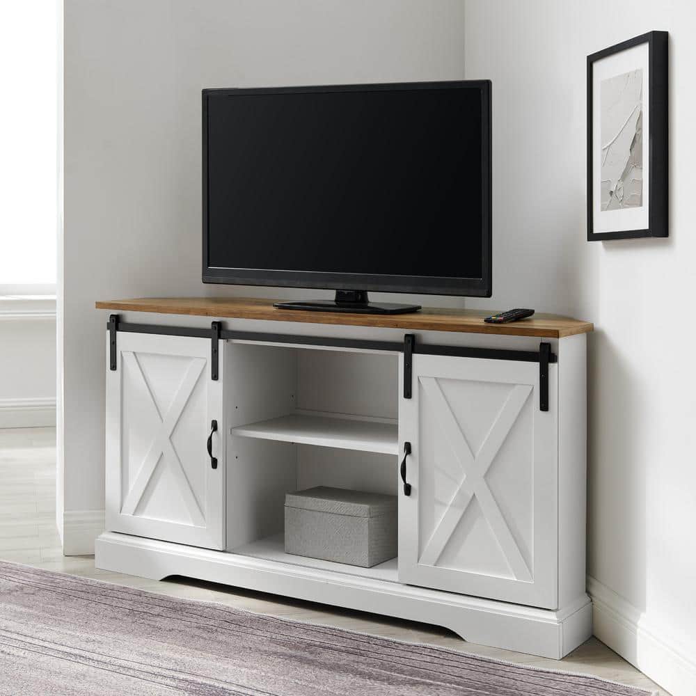 White and Brown MDF Corner TV Stand with Sliding Barn Doors