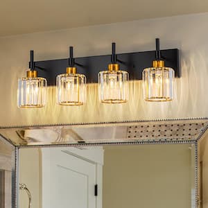 26 in. 4 Lights Black Gold Dimmable Modern Bathroom Vanity Light with Crystal Shades