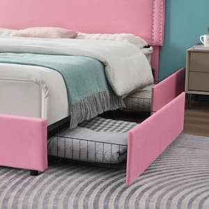 Platform Bed Frame Pink Metal Frame Full Size Platform Bed with 4-Storage Drawers, Upholstered Bed with Headboard