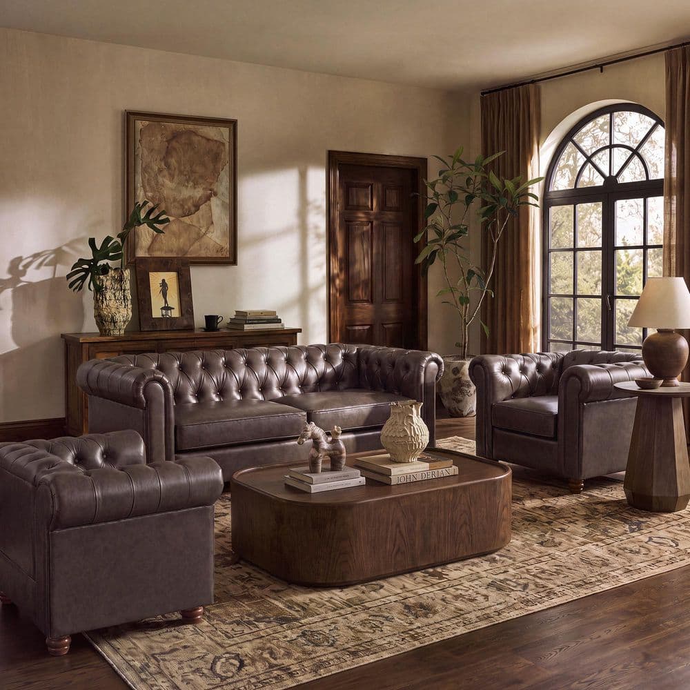Chesterfield Sofa Set, 3-Piece Espresso Faux Leather Living Room Set, Button Tufted Couch Set