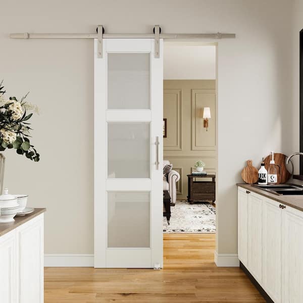 ARK DESIGN 24 in. x 80 in. 3-Lite Frosted Glass White Primed MDF Sliding Barn Door with Hardware Kit Nickel Plated
