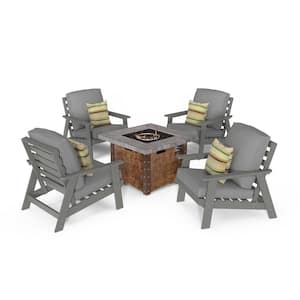 5-Piece Patio Conversation Set HIPS Lounge Chairs 50,000 BTU Propane Fire Pit Table with Gray Cushions