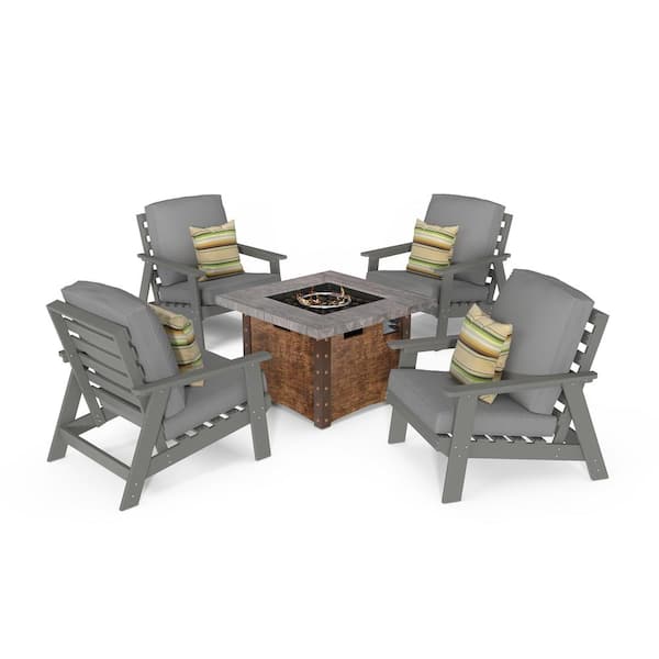 Mondawe 5-Piece Patio Conversation Set HIPS Lounge Chairs 50,000 BTU Propane Fire Pit Table with Gray Cushions