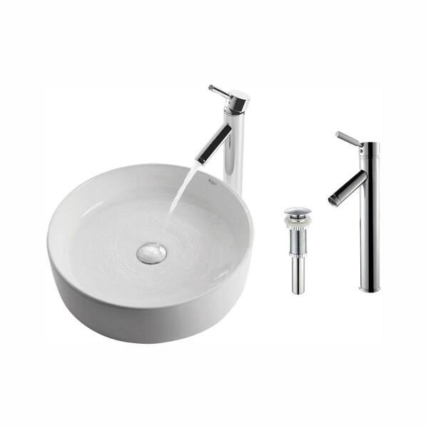 KRAUS Round Ceramic Vessel Sink in White with Sheven Faucet in Chrome