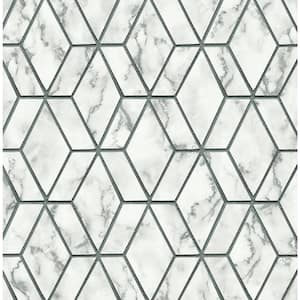 56 sq. ft. Carrara and Metallic Charcoal Jodene Marbled Geometric Unpasted Paper Wallpaper Roll