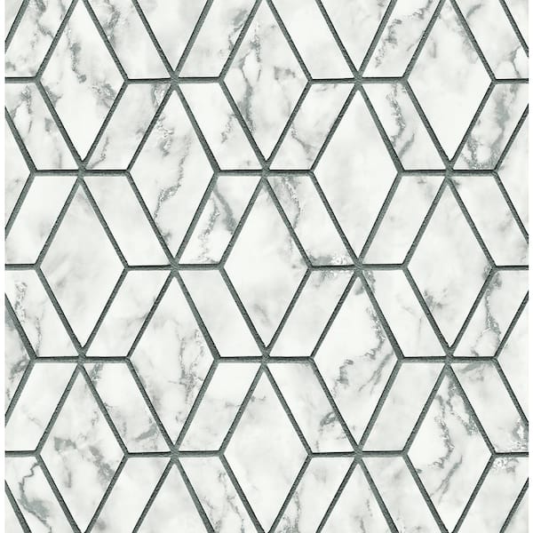 Seabrook Designs 56 sq. ft. Carrara and Metallic Charcoal Jodene Marbled Geometric Unpasted Paper Wallpaper Roll