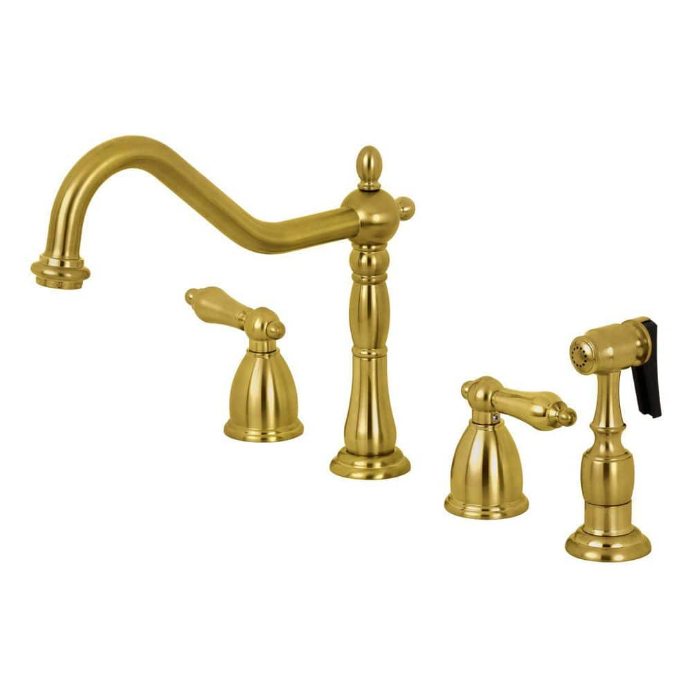 Heritage 2-Handle Deck Mount Widespread Kitchen Faucets with Brass Sprayer in Brushed Brass -  Kingston Brass, HKB1797ALBS