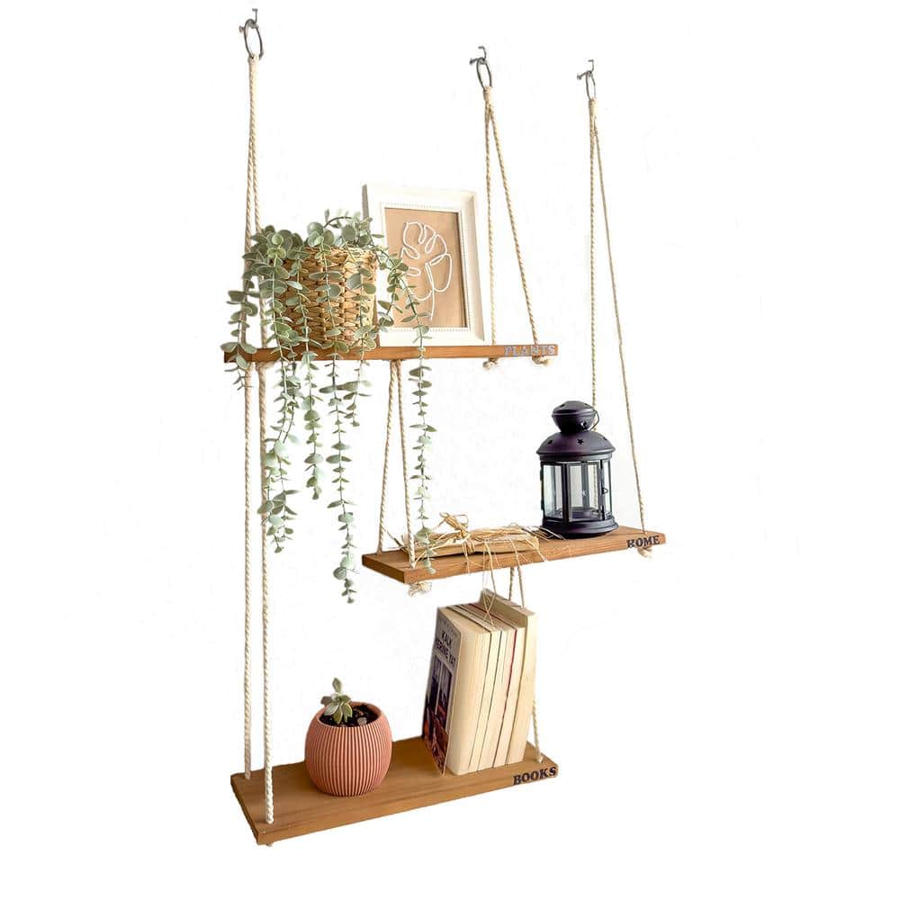 16.78 in. W x 6.5 in. D Brown Wood Hanging Shelves Swing Floating Shelves, 