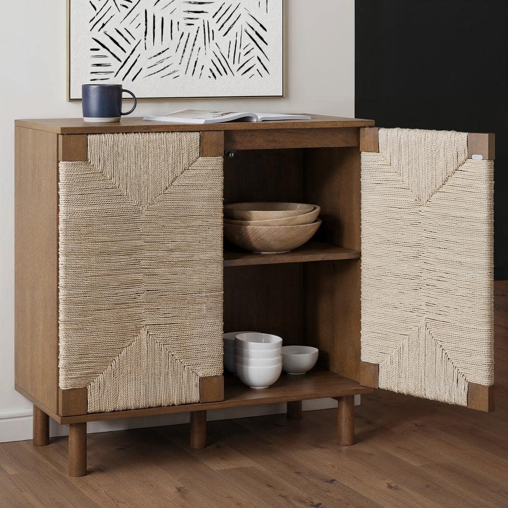 Dark Brown Solid Wood and Seagrass Accent Cabinet