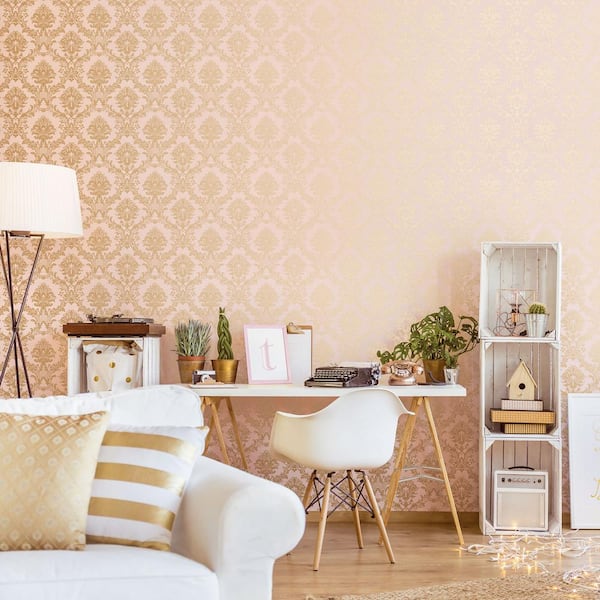 Classic Damask Wallpaper in Metallic Gold and Pink