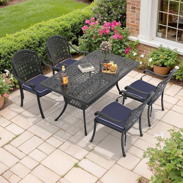 5-Piece Black Cast Aluminum Outdoor Dining Set with Blue Cushions
