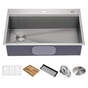 Loften 33 in. Drop-in/Undermount Single Bowl Stainless Steel Kitchen Workstation Sink with Accessories
